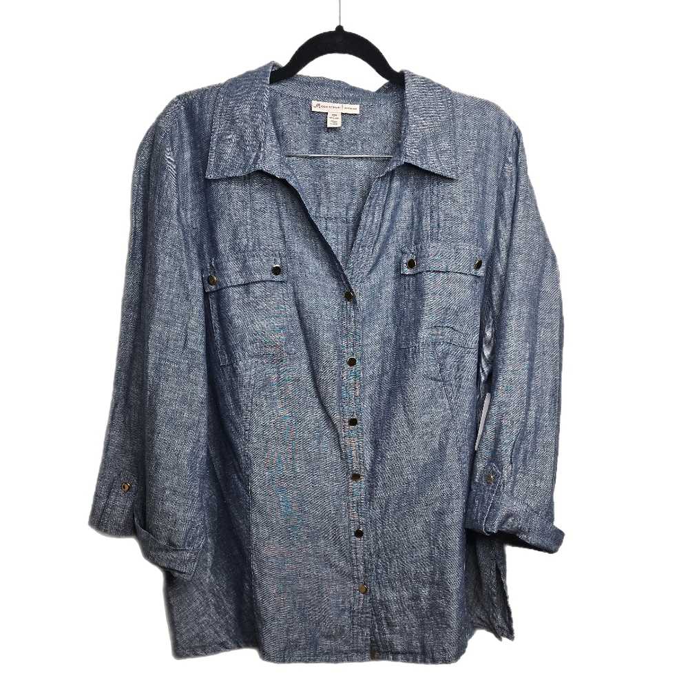 JM Collection Indigo 100% Linen  Gold Button Down Shirt Women's Size 22 - NWT